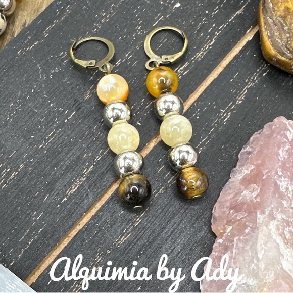 Beaded Drop Earrings with Earthy Tones citrine Tiger eye bumblebee - Picture 1 of 1